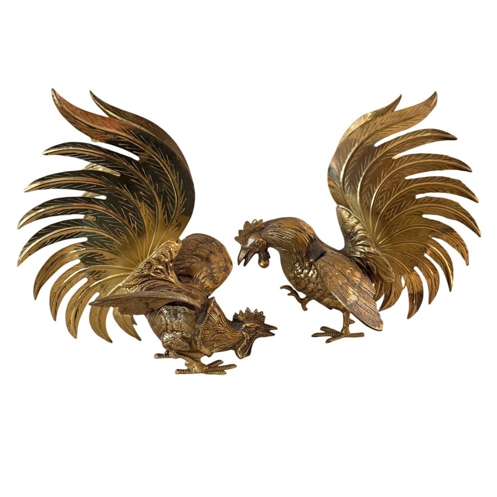 Vintage Heavy Brass Fighting Roosters Pair Mid Century Modern Statues Figurines